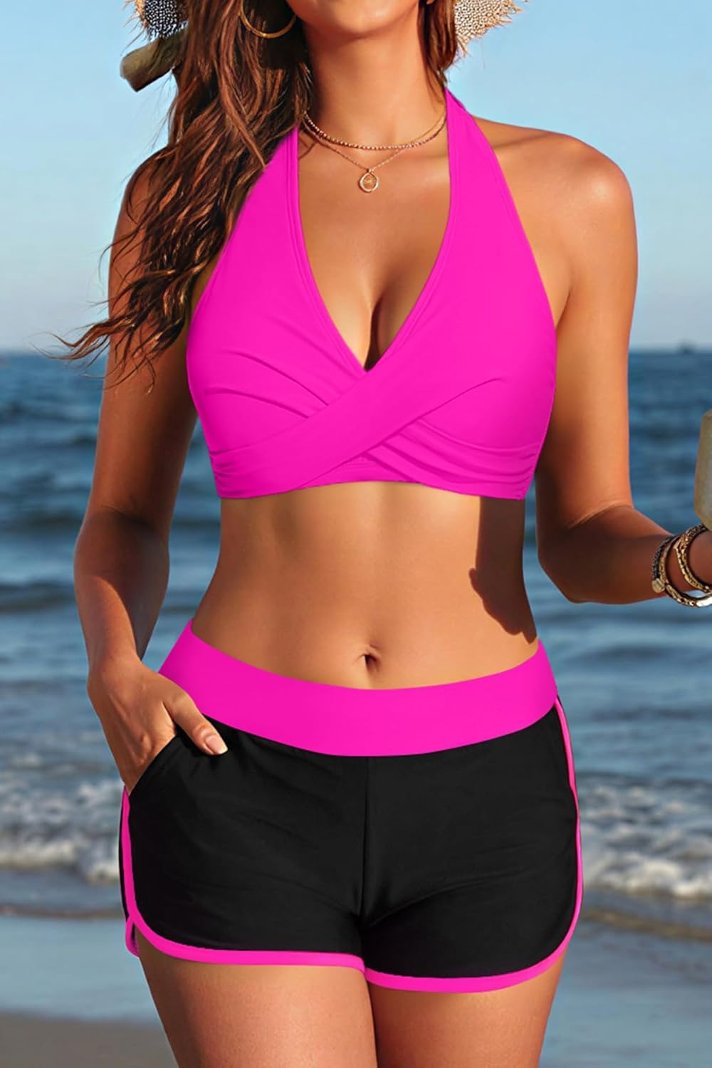 Bikini with Shorts for Women - Halter Two Piece Swimsuits High Waisted Bathing Suits with Pocket 2026 Boyshorts Swimwear Hot Pink and Black L - Image 2