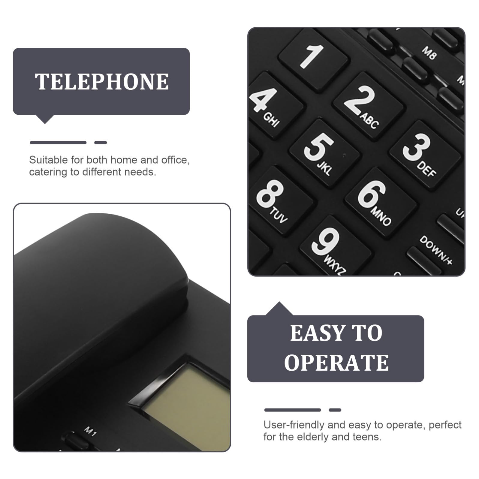 COHEALI Telefono Fisso per Anziani Tasti Grandi e Display Chiamate, Materiale ABS Resistente, Facile da Usare per Casa e Ufficio, Colore Nero