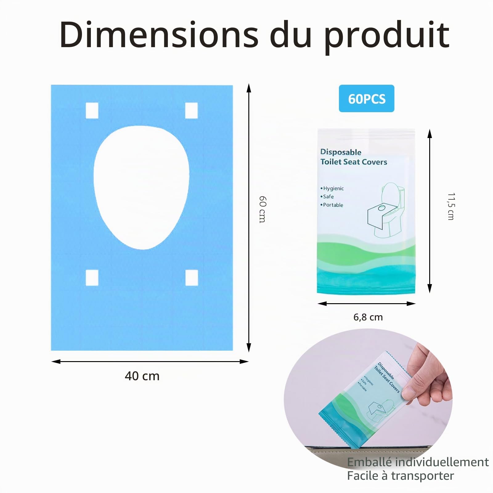 60 Pièces Housse de Siège de Toilette Jetable,Protege Toilette Jetable,Convient aux adultes et aux enfants, idéal pour les voyages, les toilettes publiques, emballé individuellement (Bleu)