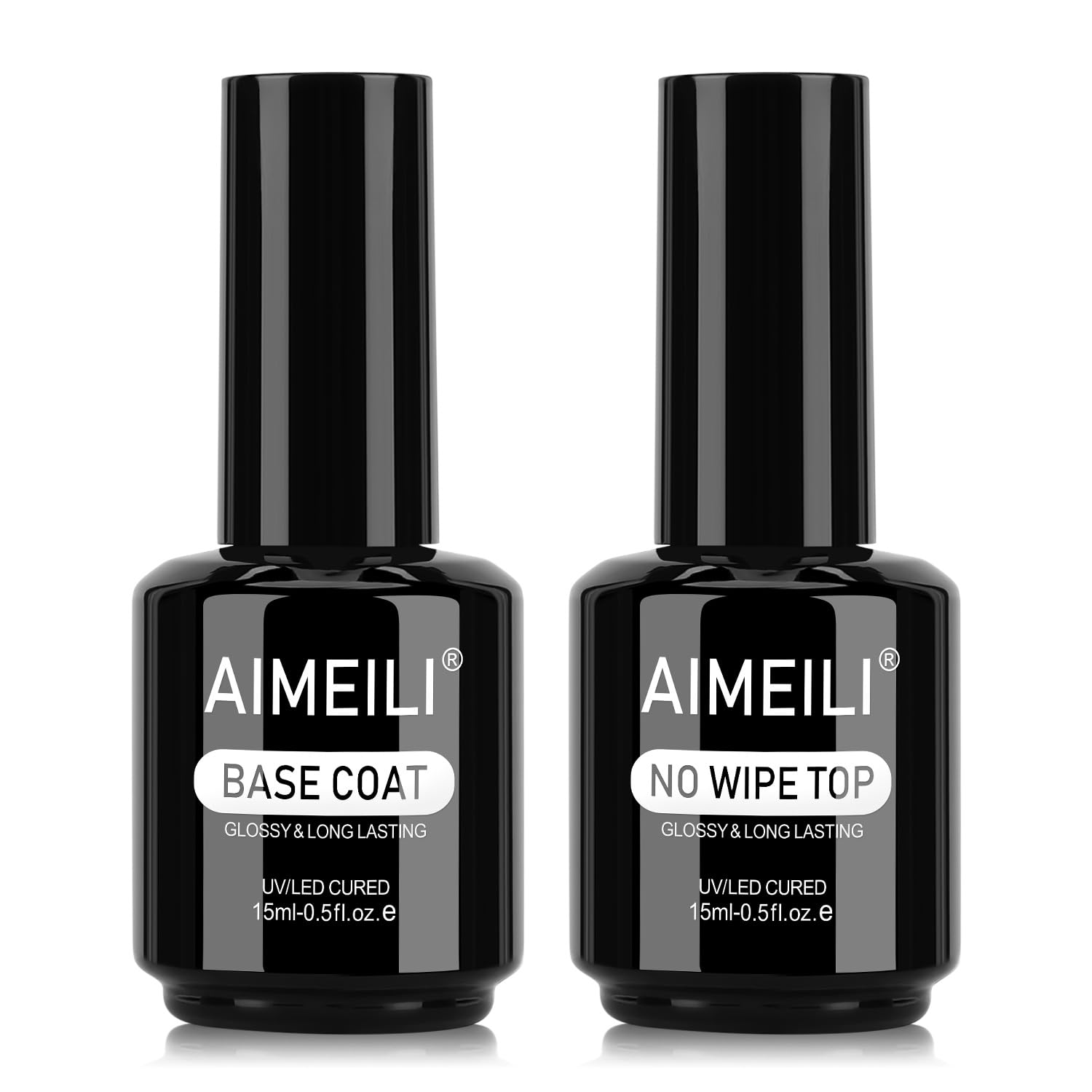 AIMEILI Soak Off Long Lasting Hema-Free U V LED Gel Nail Polish Cruelty Free Vegan Shine Finish No Wipe Top and Base Coat Set - 2 x 15ml