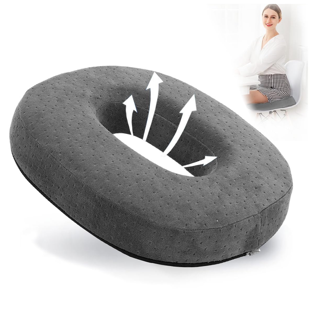 LOMUG Cojín de asiento ortopédico gris, cojín de asiento para hemorroides, cojín de espuma viscoelástica para silla, anillo de asiento, cojín de donut para alivio del coxis para silla de ruedas, asien