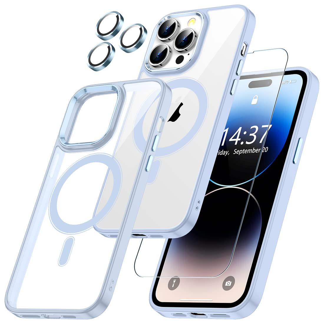 TIANNIUKEMagnetic Case for iPhone 14 Pro Max 6.7 Inch, [with Screen Protector + Camera Lens Protector] Compatible with MagSafe,Slim Fit Shockproof Protective Phone Case for iPhone 14 Pro Max-Sky Blue