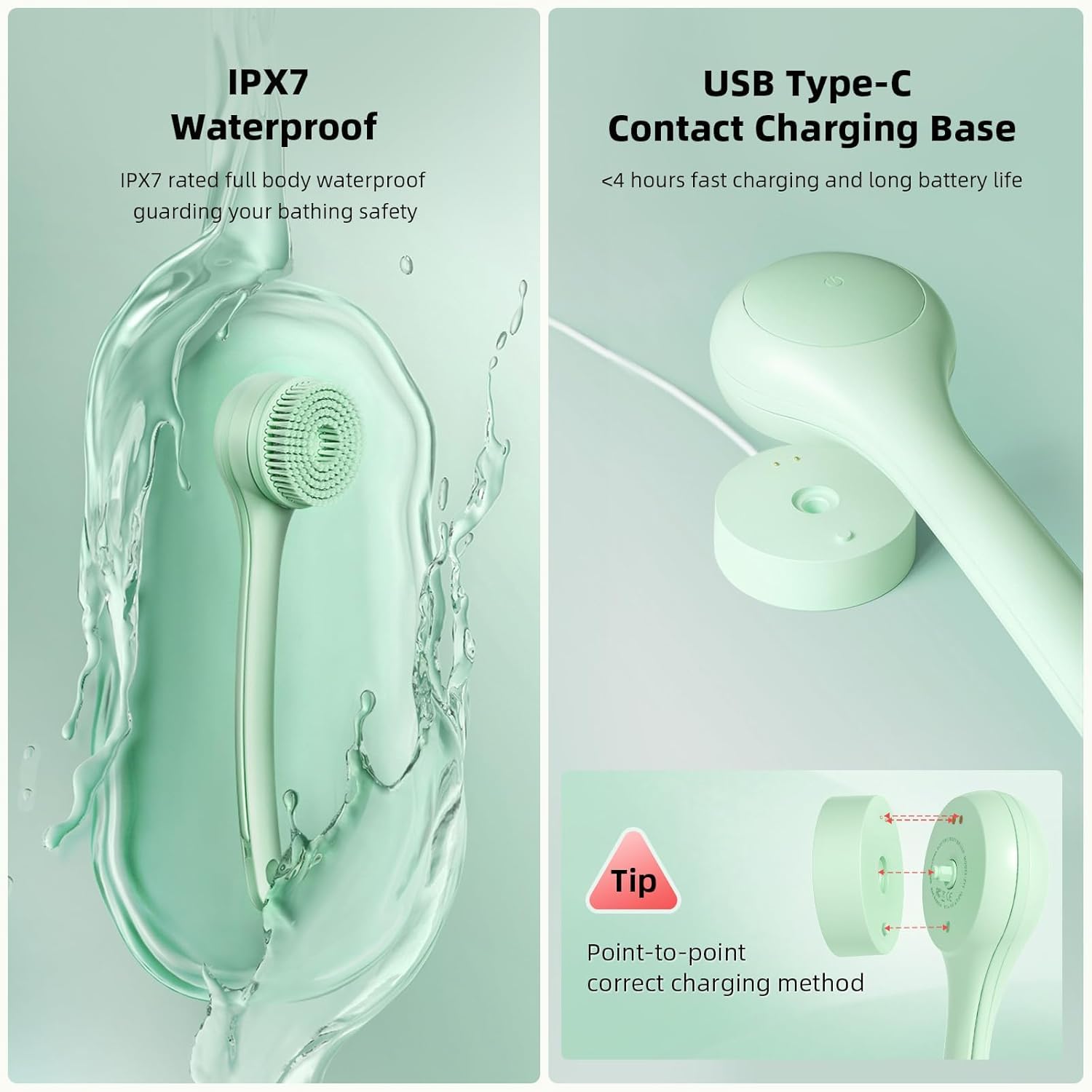 Back Scrubber, Electric Body Scrubber, Dry Brush, IPX7 Waterproof Body Brush Rechargeable USB Charging with Long Handle - Image 3