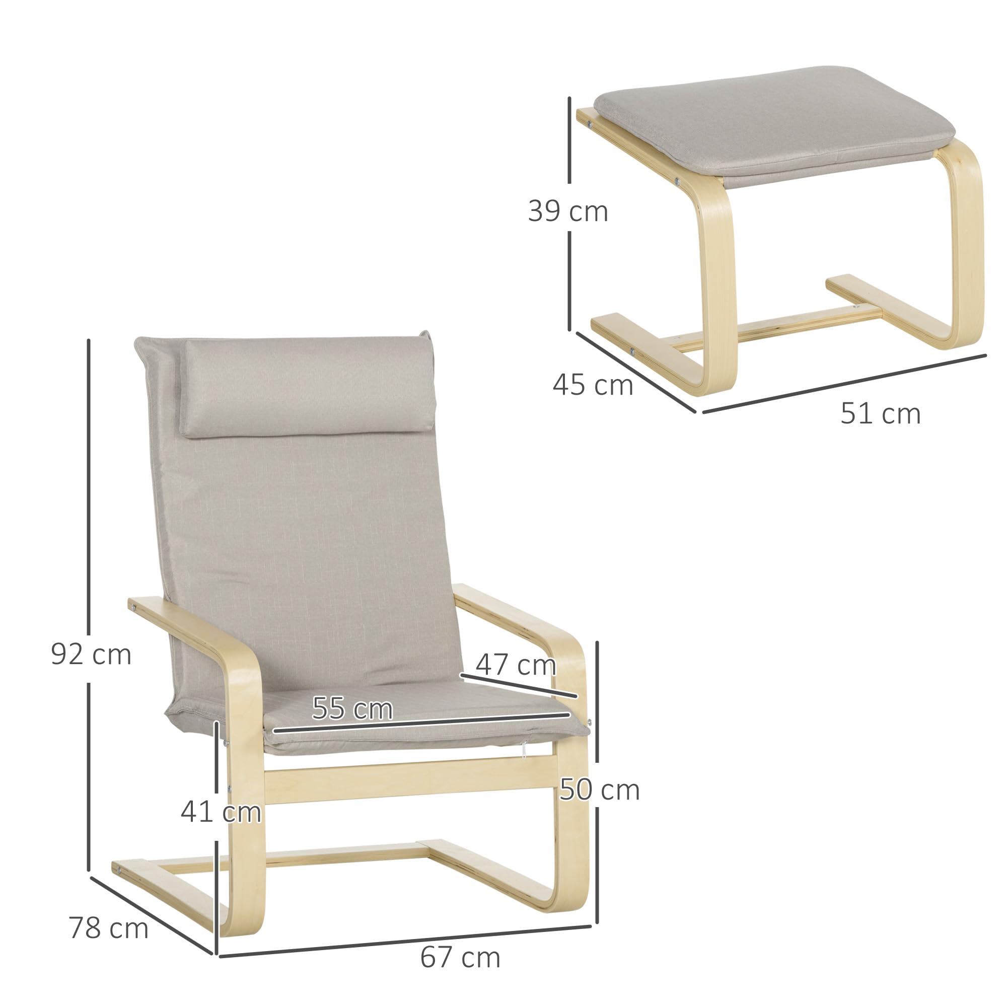 HOMCOM Poltrona Relax in Legno con Pouf Poggiapiedi e Cuscino Poggiatesta, Poltrona in Legno e Tessuto Effetto Lino, 67x78x92cm, Grigio