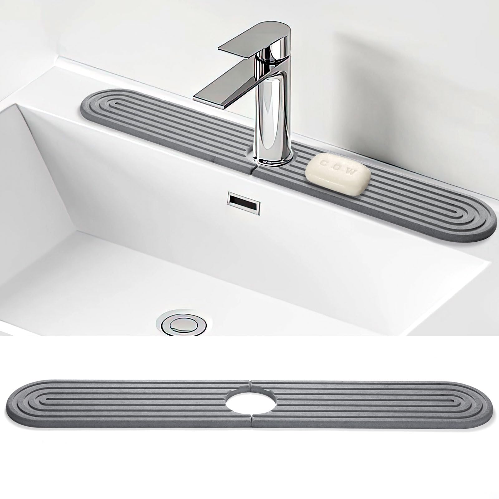 Shinowa 60 x 10 cm, tappetino per rubinetto assorbente in pietra di diatomea, tappetino per lavello cucina, cucina, bagno, rubinetto antischizzi, opaco, contiene carta vetrata (grigio scuro)