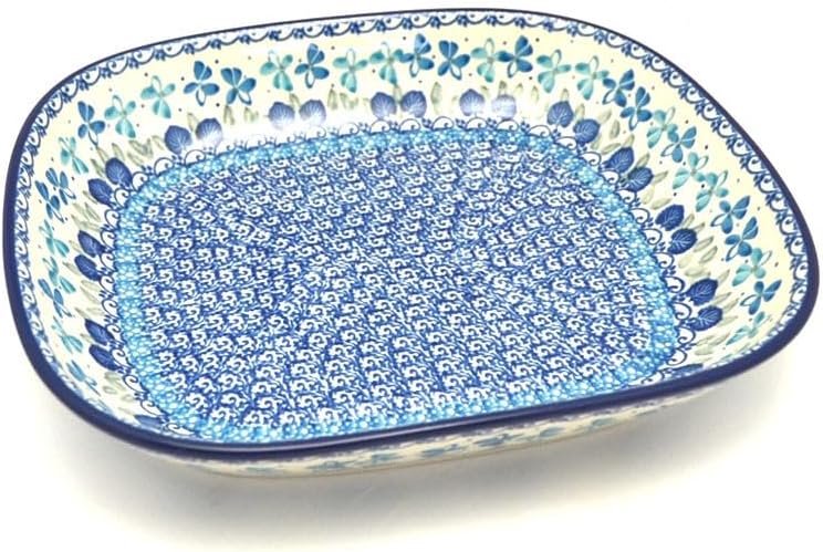 Polish Pottery Baker - Shallow Rectangular - Medium - Blue Orchids