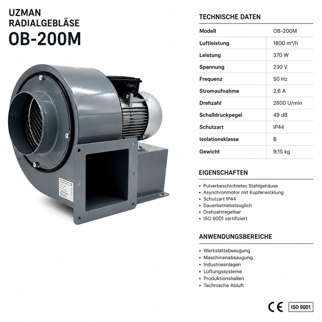 Uzman-Versand Radialgebläse 1800m3/h 4 eck Flansch Radialventilator Zentrifugal Sauggebläse