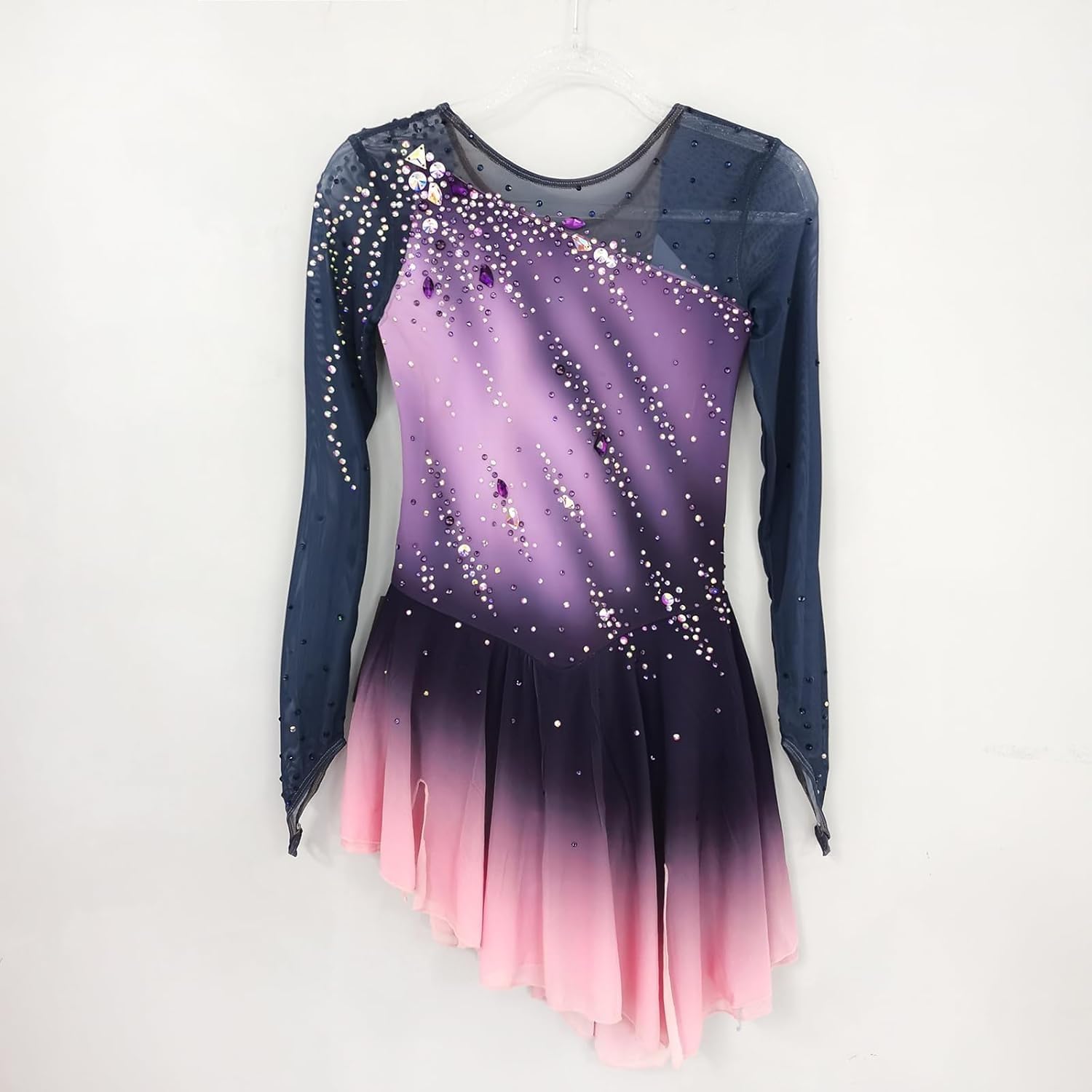 Vestido de Patinaje Artistico para Niña Mujeres Pedrería Manga Larga Niñas Vestido Bailarina con Gimnasia Rítmica Maillot de Patinaje Competición Traje de Baile