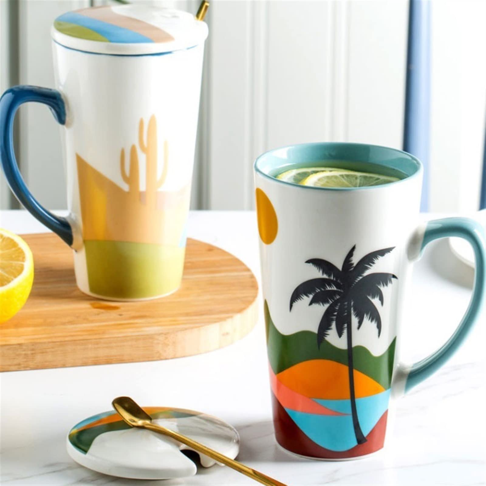 Kubek do picia 500 ml, duży kubek z pokrywką, łyżeczka, kubek do mleka, kubek do kawy, kubek z porcelany kostnej, kubek do wody biurowej, kubek do kawy (D) (C)