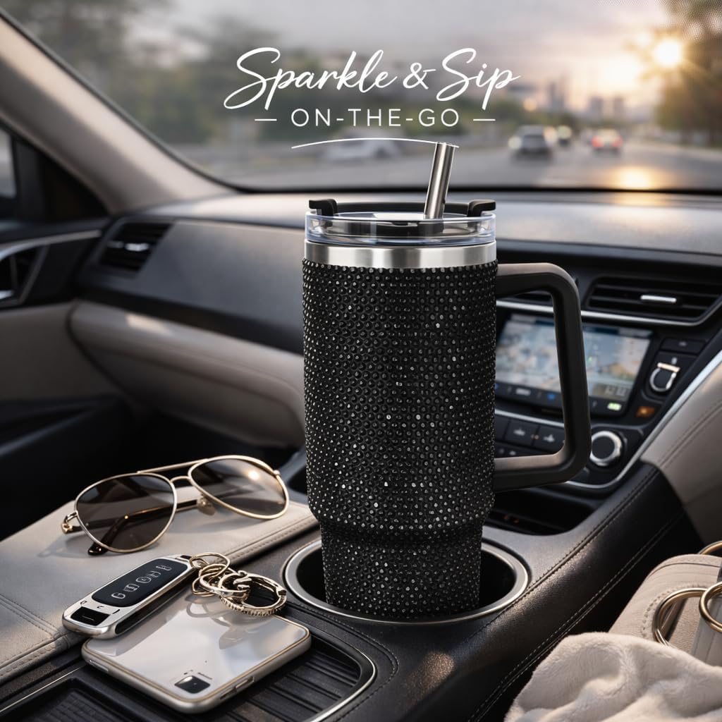 THIRSTEE 40 oz Rhinestone Tumbler – Black Sparkle Water Cup with Lid & Straw – Double Wall Insulated Stainless Steel Travel Mug with Handle, Leak-Proof for Hot & Cold Drinks