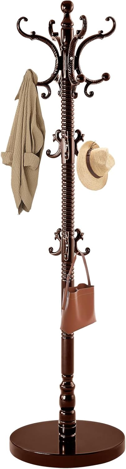 Wooden Coat Rack Freestanding, Solid Wood Coat Rack Stand with 14 Hooks, Vintage Heavy Duty Standing Coat, Sturdy Jacket Hanger Tree Stand for Corner, Office, Entryway