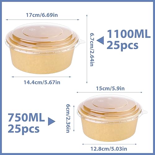 Miniatura 2 de Fniiva Paquete de 25 cuencos de ensalada de papel de 37 onzas con tapas transparentes y paquete de 25 cuencos de ensalada de papel desechables de 25