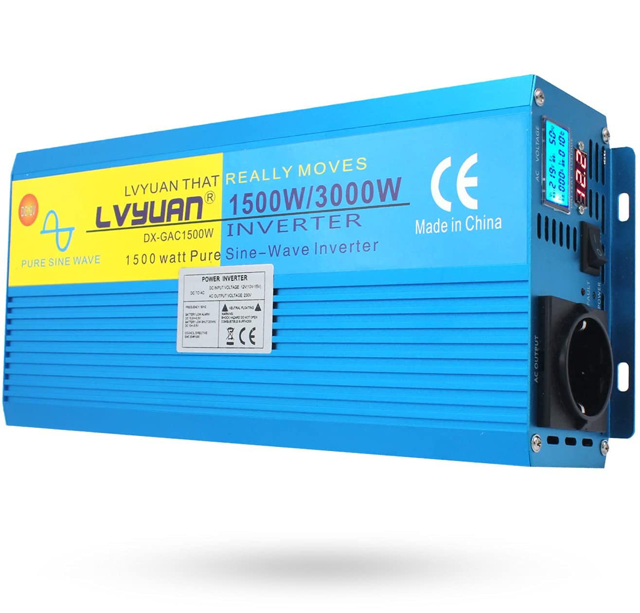 Yinleader Inversor Onda Sinusoidal Pura 1500W Transformador De 12v A 230v 3000W, Inversor De Corriente con 1 Toma Enchufe Y LCD para Coche Caravana Barco cámping de Viaje