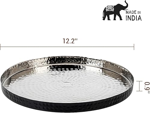 Miniatura 5 de MyGift Bandeja decorativa redonda de 12 pulgadas, chapada en tono plateado, aluminio martillado con acento negro mate, plato para centro de mesa o
