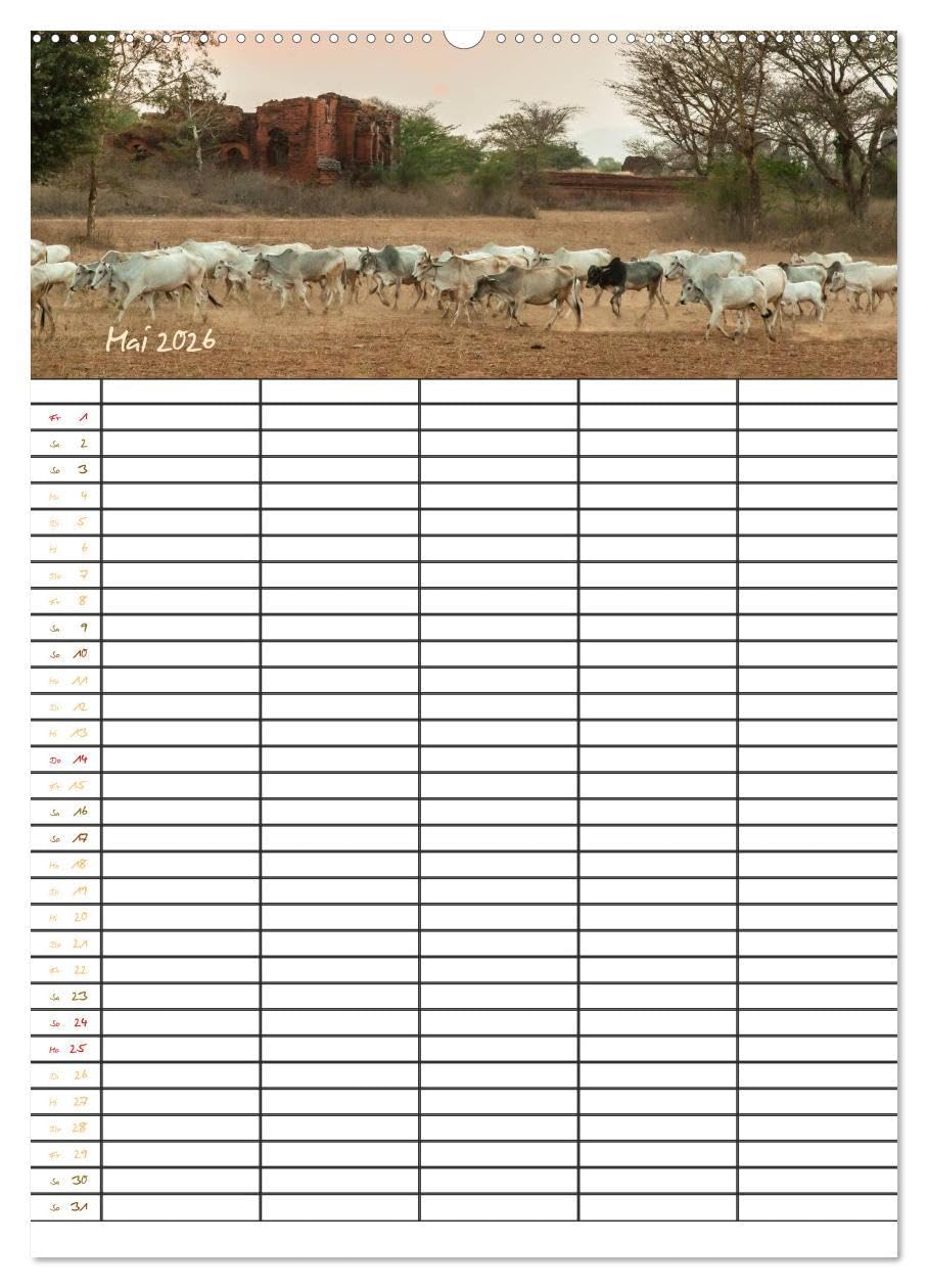 Goldenes Myanmar - Familienkalender 2026 (Wandkalender 2026 DIN A2 hoch), CALVENDO Monatskalender: Myanmar - das Land der Pagoden, Klöster, Mönche und ... 5 Spalten für Ihre Einträge. (CALVENDO Orte)
