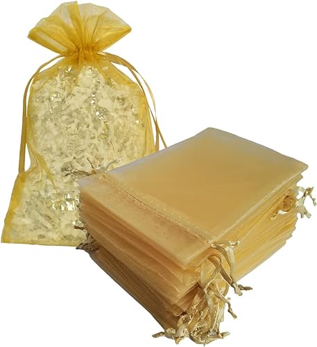 100 bolsas de organza de regalo de 5 x 7 pulgadas, con cordones dorados, bolsa de tela transparente para joyas, baby shower, Navidad, fiestas,