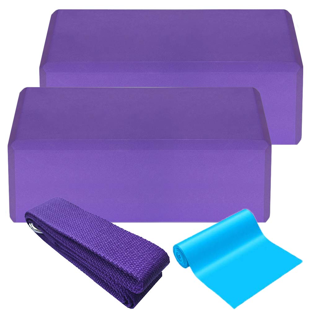 2 pcs Yoga Block 1pcs Cotton Yoga Strap 1pcs Flat Resistance Band, EVA Foam Soft Non-Slip Surface Stability Blocks Yoga Strap Set for Yoga Pilates Meditation Exercise Fitness Sport