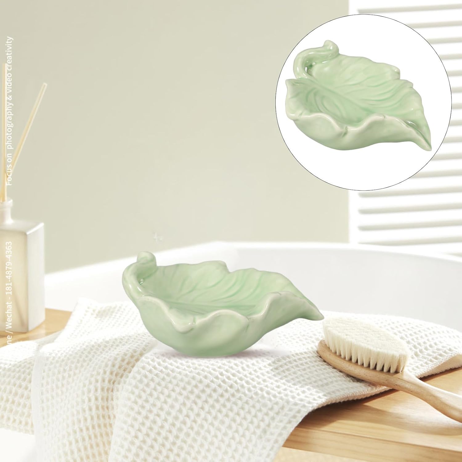 SHOWERORO Ceramic Leaf Shape Self Draining Soap Dish Tray Bathroom Shower Soap Holder Green Anti-Slip for Sink Counter