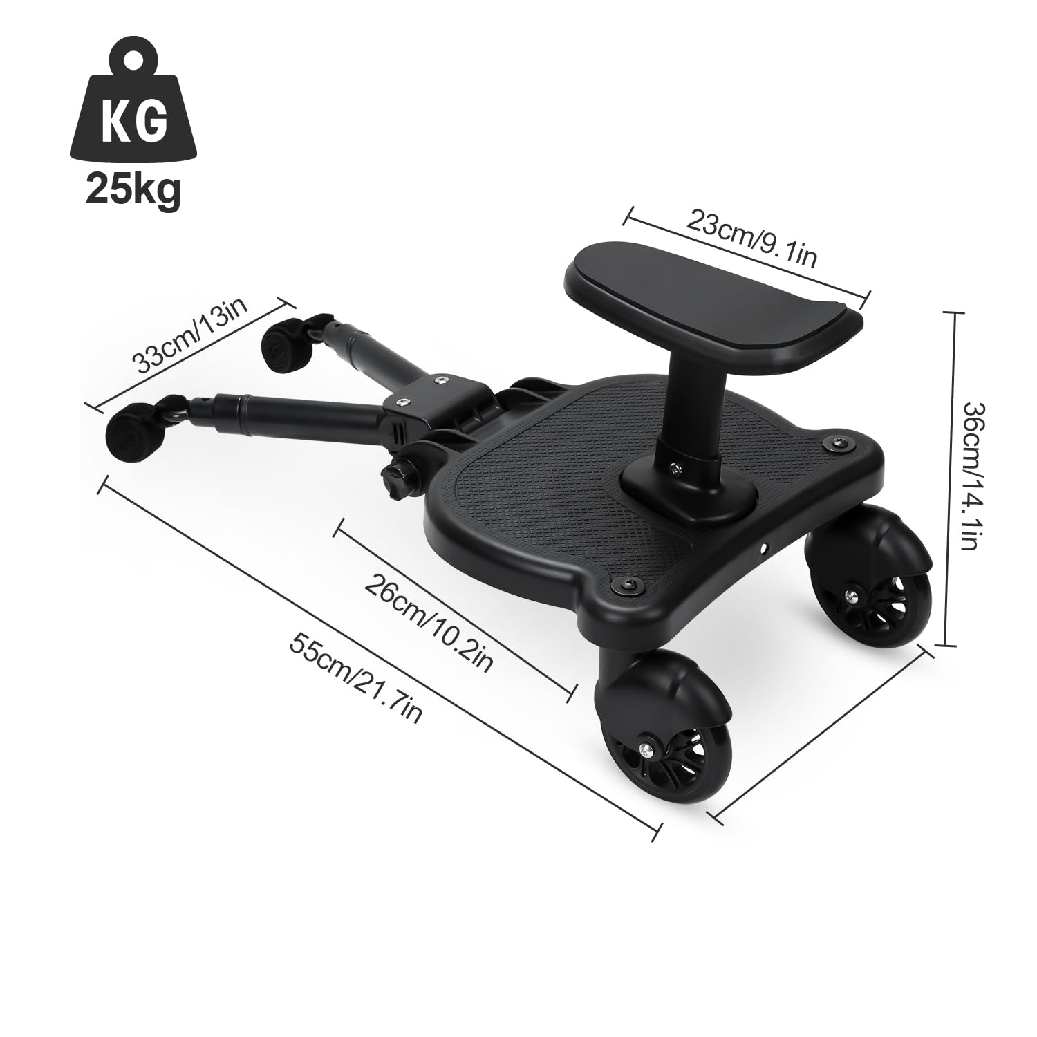 Buggy Board mit Sitz, Kiddy Board mit Sitz，trittbrett für kinderwagen universal，360°Zweirad Design,für 2-6 Jahre alte Kinder,kinderwagen board von 25kg(Schwarz)