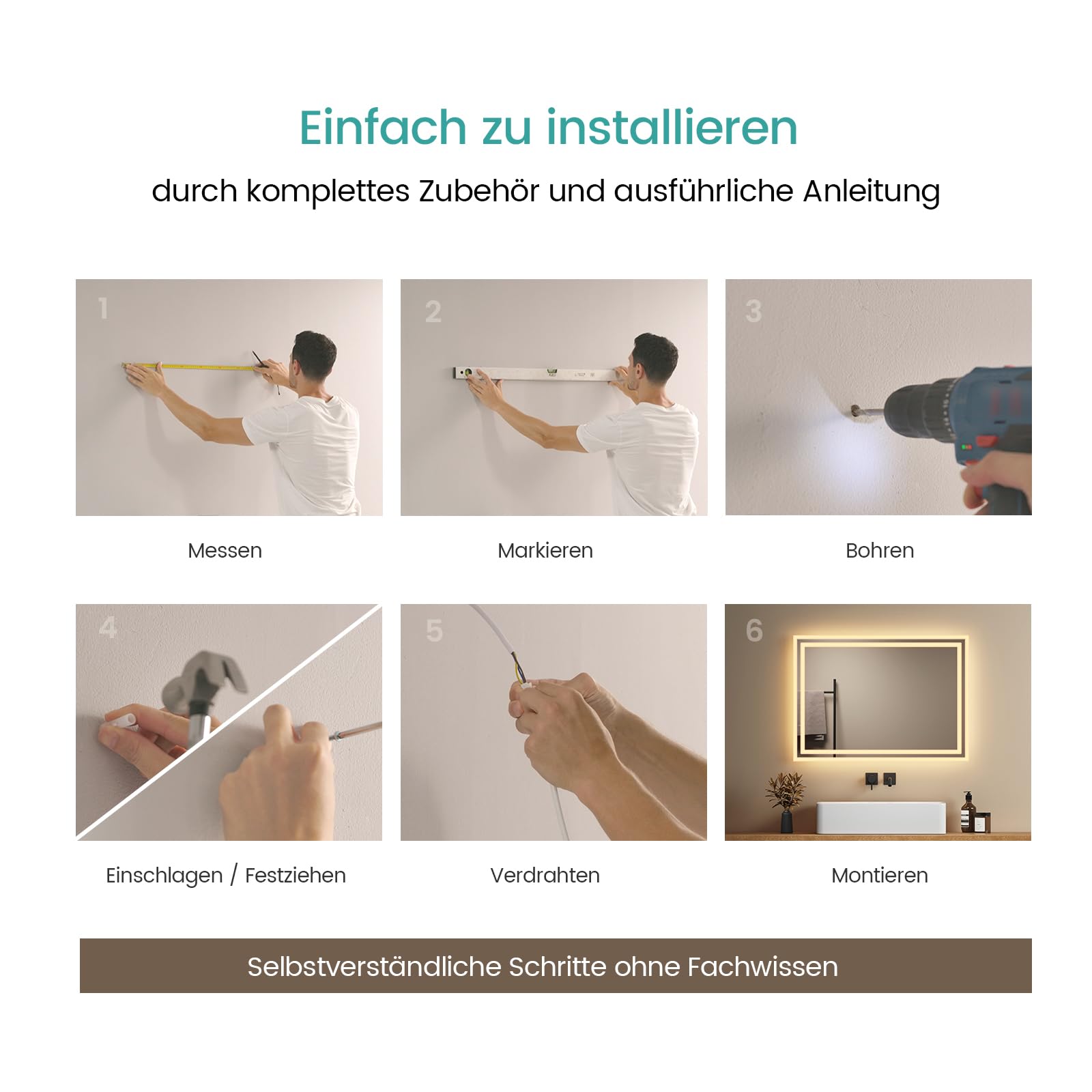 EMKE Badspiegel mit Beleuchtung 50x70cm, Badezimmerspiegel mit Warmweiß Licht 3000K, Wandschalter, badezimmerspiegel mit licht ideal für Badezimmer