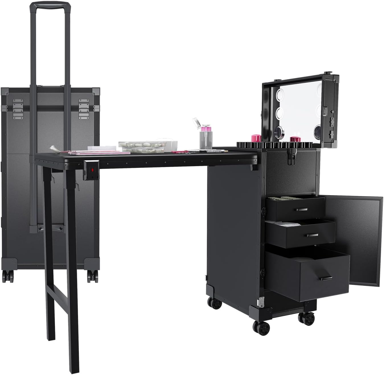 Geelife Portable Nail Art Table W/Led Mirror, Built-in Audio Connectivity, Lockable Drawers, Telescopic Pole - Folding Manicure Station for Salons (Black) - Professional Folding Nail Table - Black -,