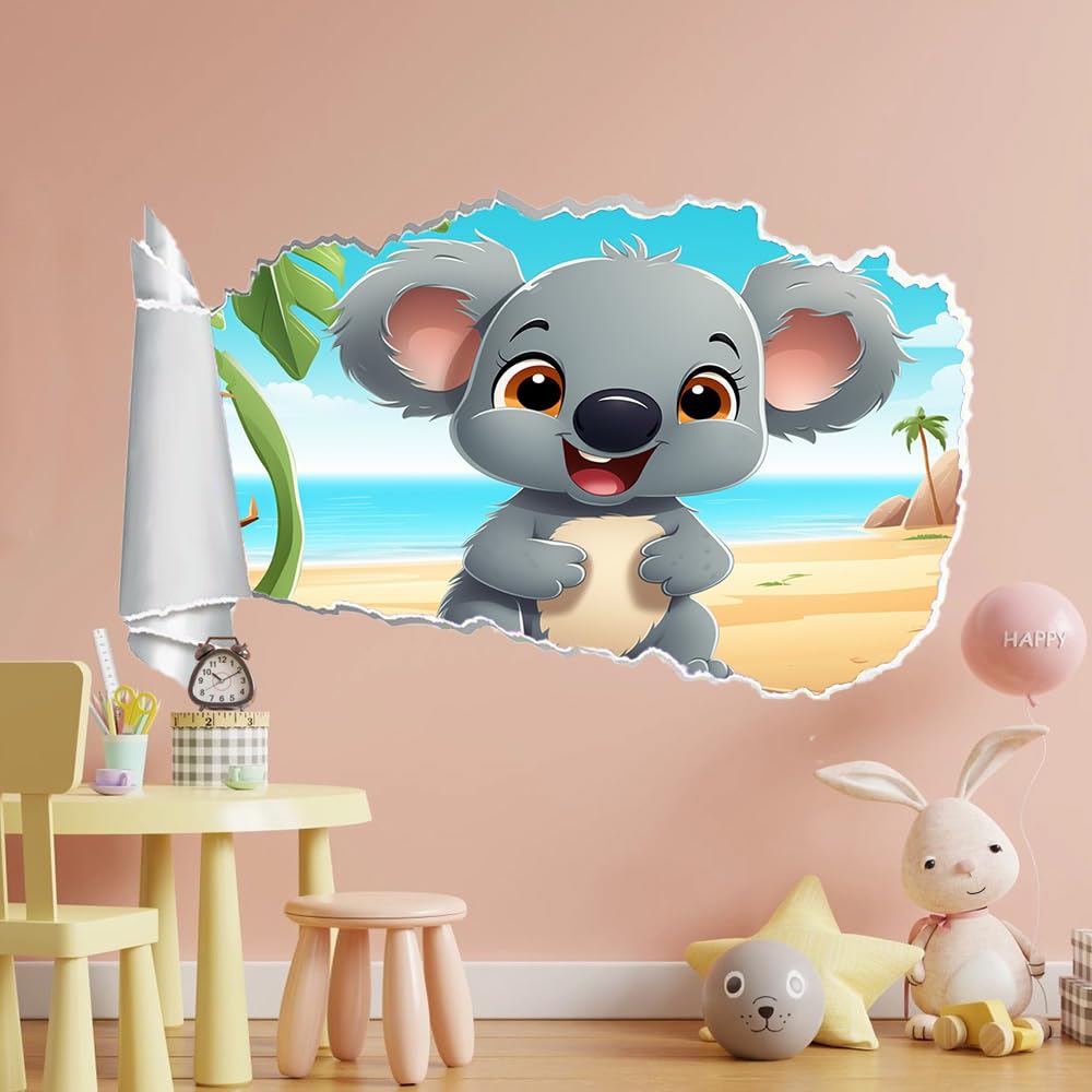 Decalcomania Fracassata 3D, Animali Koala Adesivo staccabile e adesivo rimovibile, Paesaggio Della Spiaggia Tatuaggio da parete Ragazze Camera da letto Decor Mural Home Decor