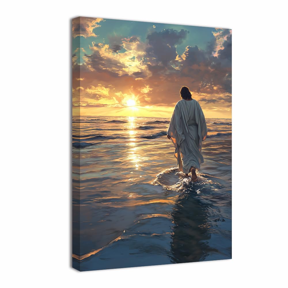 ZQQART Jesus Wall Art God Walking on Water Canvas Painting Art Christian Poster Prints Religious Picture Church Prayer Room Decor Framed(Blue,16.00" x 24.00")