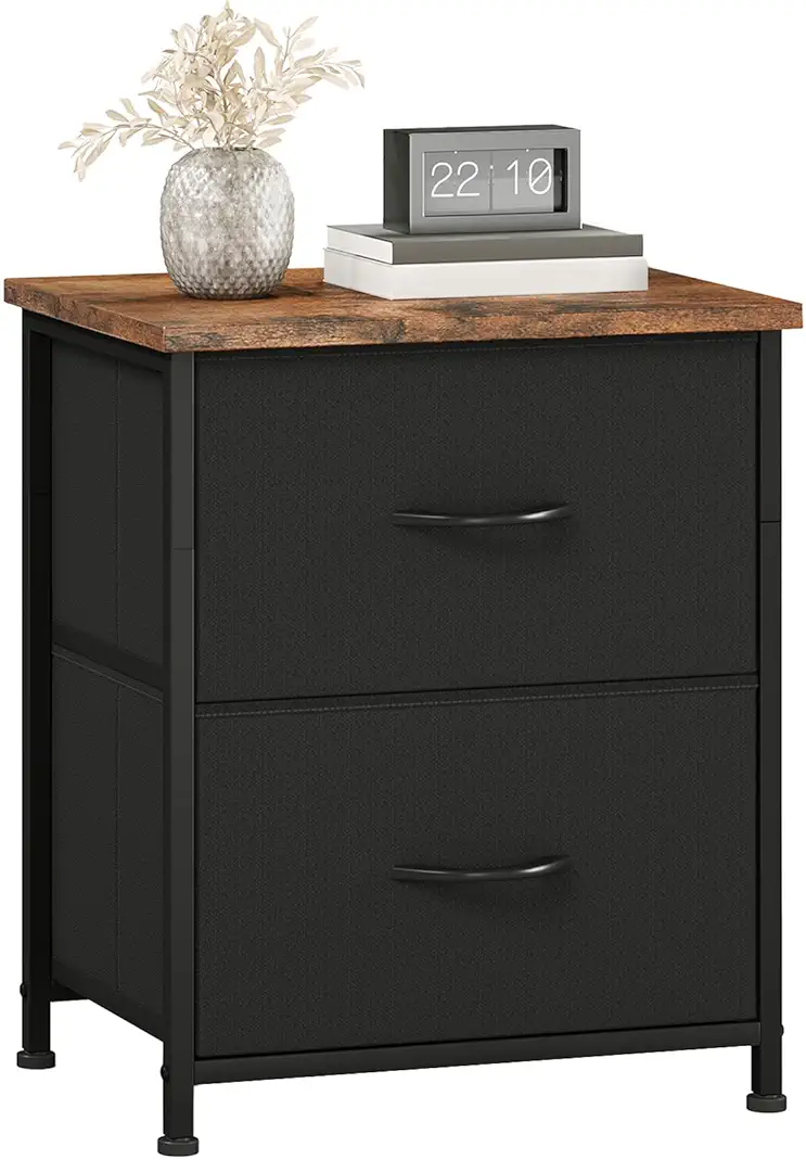 Somdot Black Bedside Table, Bedroom Bedside Cabinet with 2 Fabric Drawers, Nightstand Side Table for Kids Living Room Dorm, Black Rustic Brown