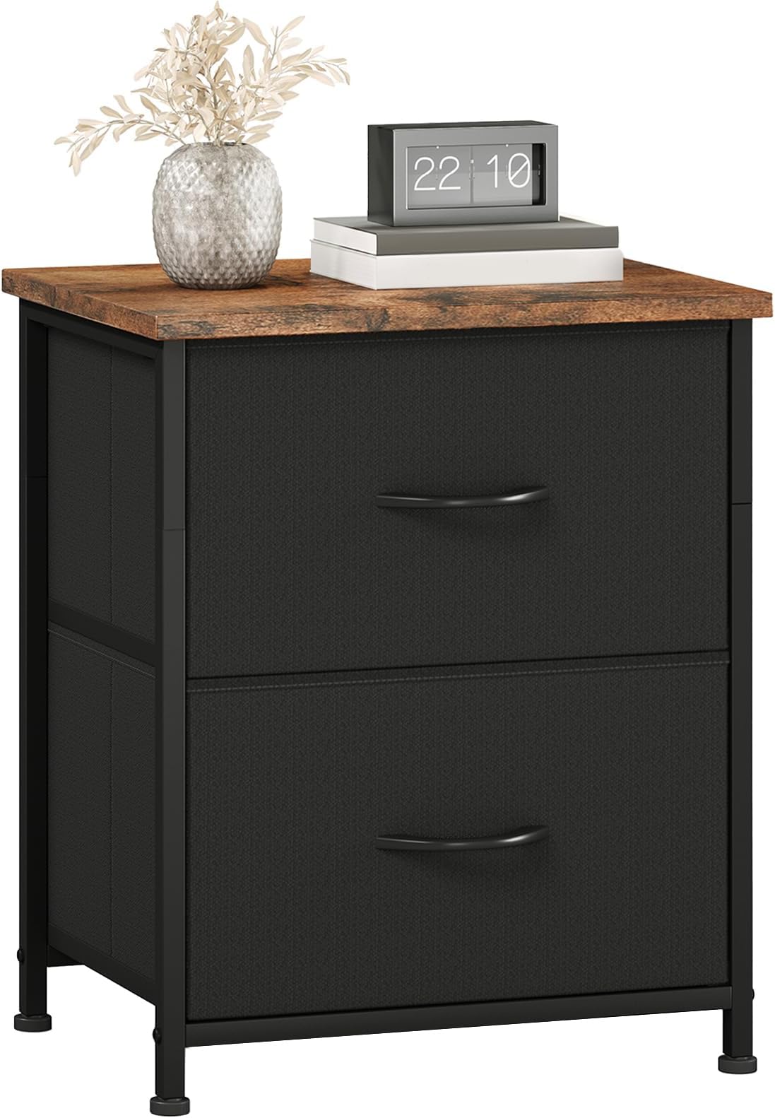 Somdot Black Bedside Table, Bedroom Bedside Cabinet with 2 Fabric Drawers, Nightstand Side Table for Kids Living Room Dorm, Black Rustic Brown