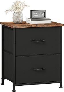 Somdot Black Bedside Table, Bedroom Bedside Cabinet with 2 Fabric Drawers, Nightstand Side Table for Kids Living Room Dorm, Black Rustic Brown