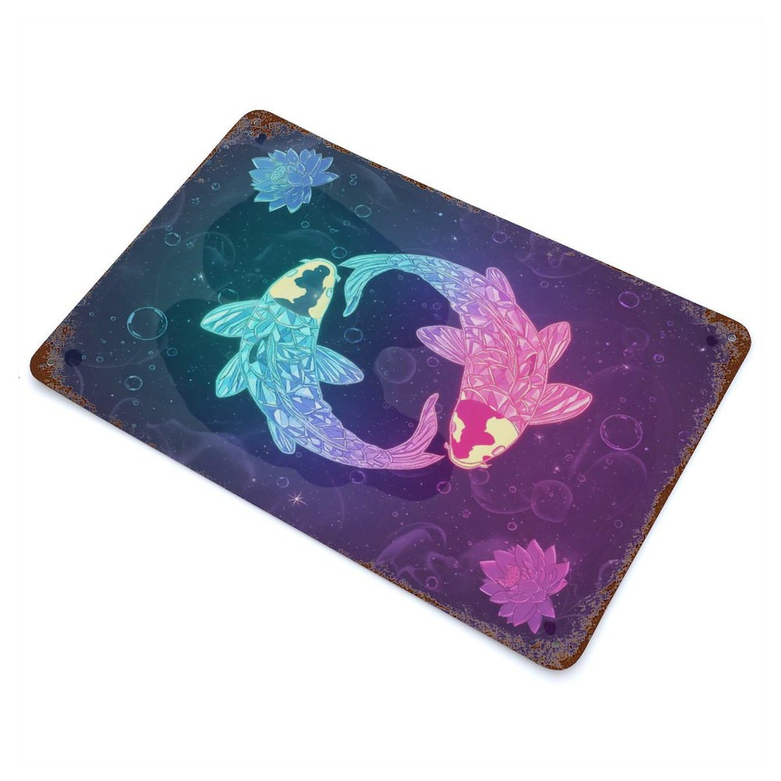 Yin Yang Koi Fish with Lotus Vintage Wall Sign 11.8"x7.9", Rust Effect Metal Decor for Cafe, Home Bar And Lounge Decor