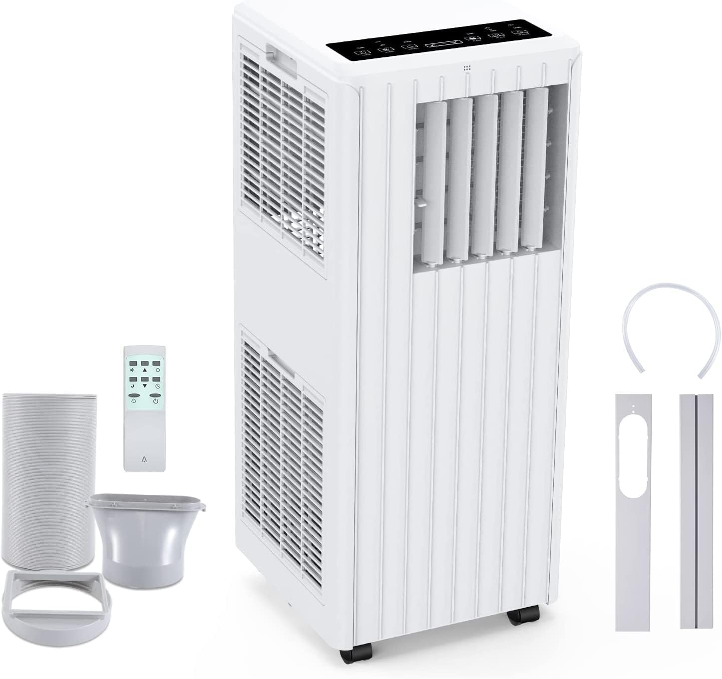 Acekool Portable Air Conditioner unit with exhaust hose, window kit, remote control, and drain bucket.