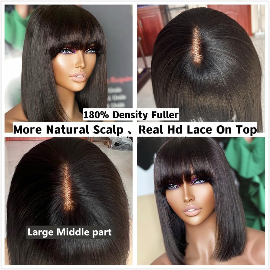 Short Bob Wigs Human Hair with Fringe 180% Density Bob Glueless for Women Upgraded 2x1Top Lace 100% Brazilian Virgin Human Hair Wigs with Bang 14 inches - Image 4