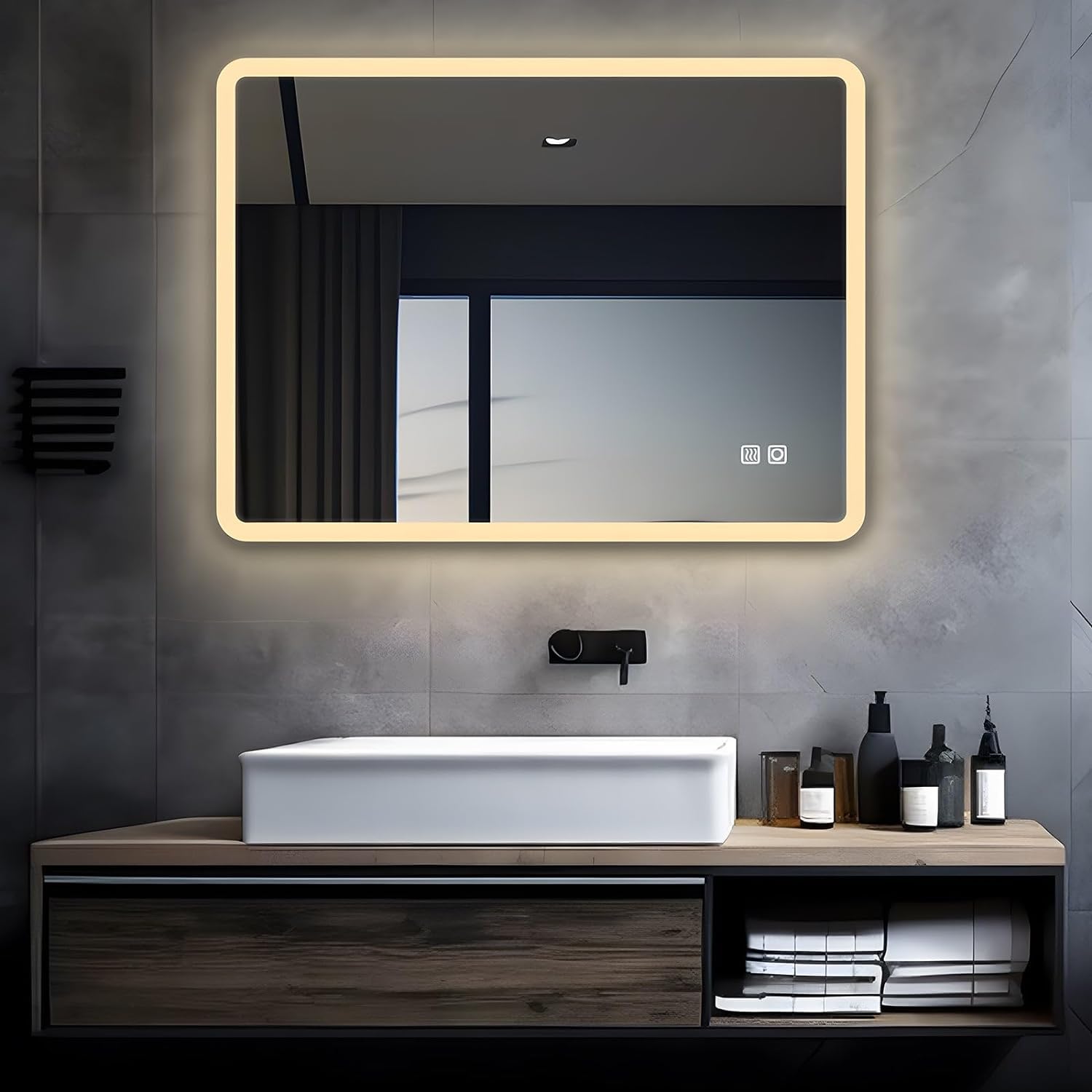 MIQU LED Badspiegel mit Beleuchtung 80x60 cm Badezimmerspiegel, Bad Groß Spiegel mit 2 Touch Dimmbar Warm/Weiß Licht Beschlagfrei Wandspiegel für Badezimmer, WC, Flur runden Ecken