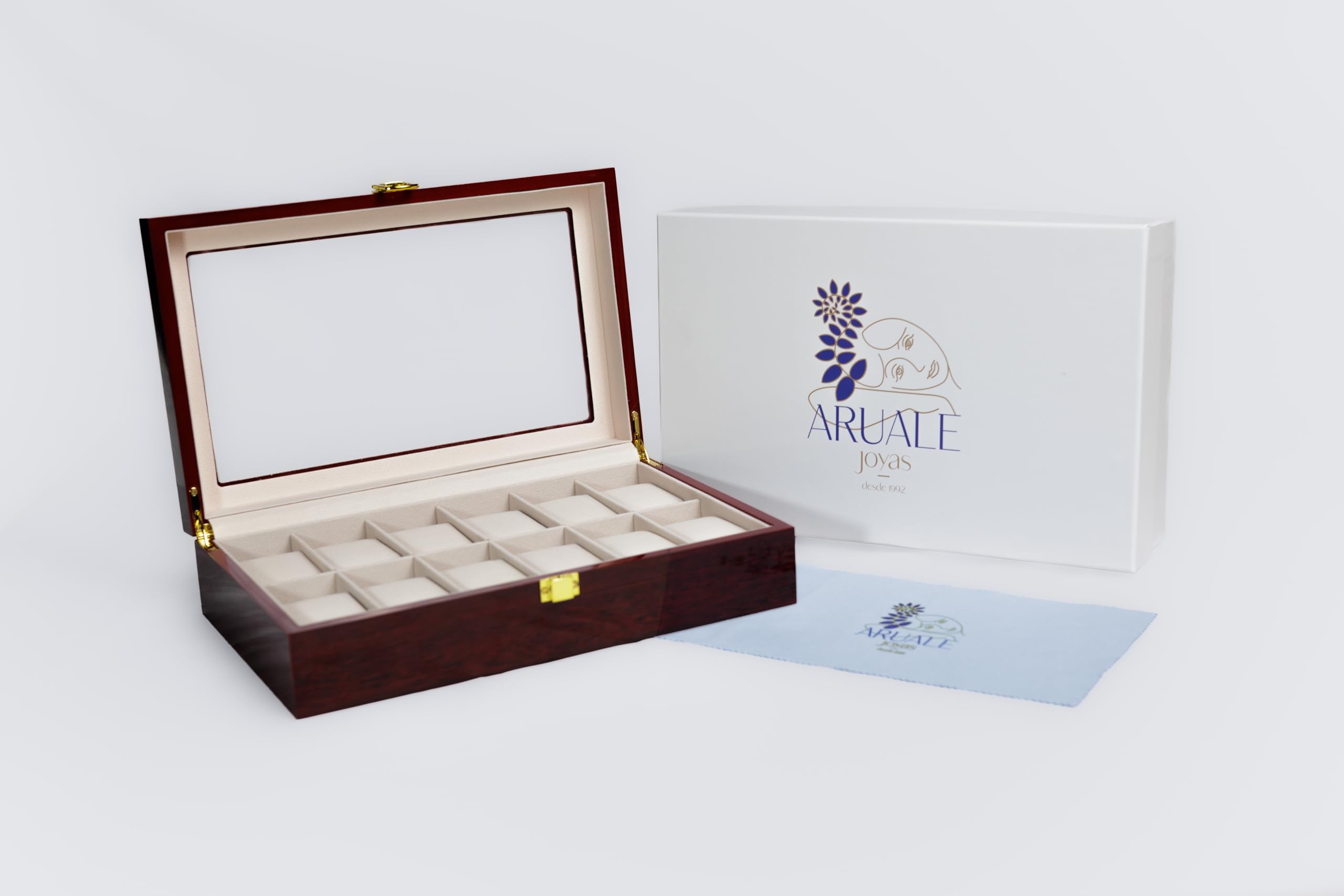 Caja Organizadora para Relojes de Madera Roja con Tapa de Cristal Templado, 12 Compartimentos con Interior de Ante Sintético, Incluye Gamuza Limpiadora. Ideal Para Regalo
