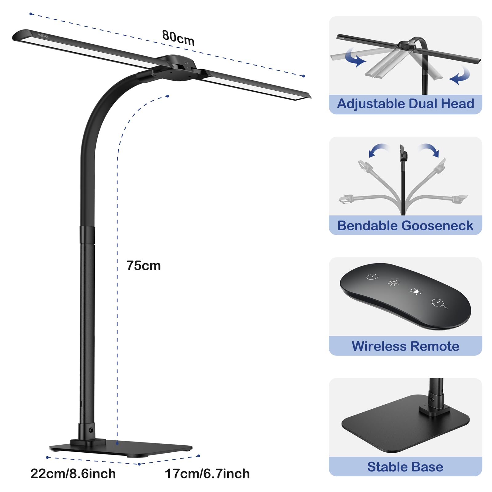 Kary Led Schreibtischlampe Dimmbar mit USB-Ladeanschluss und fuß, 24W Ultra Hell Doppelkopf tischlampe für Büro, Arbeit, Design,Lesen, Augenpflege Lampe mit Fernbedienung, CRI>90, 5 Farbtemperaturen