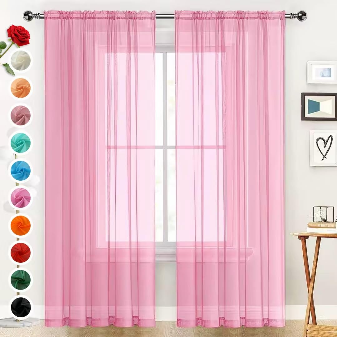 SpaceDresser Basic Rod Pocket Sheer Voile Window Curtain Panels Pink 1 Pair 2 Panels 52 Width 45 Inch Long for Kitchen Bedroom Children Living Room Yard（Pink, 52W x 45L） — image 1