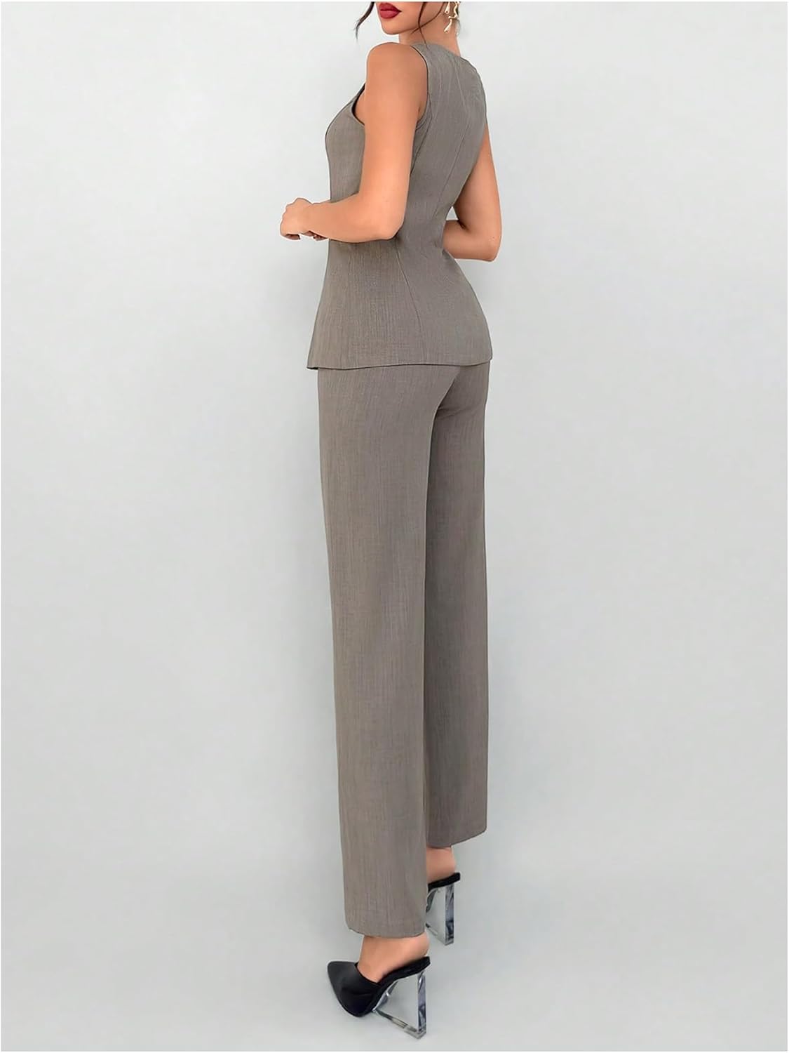 SOLY HUX Women's 2 Piece Business Casual Outfit Button Down Boat Neck Sleeveless Vest and Pants Set - Image 2