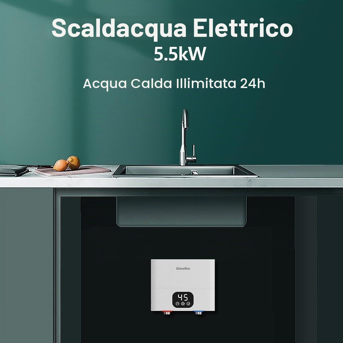Scaldabagno elettrico istantaneo senza serbatoio, 5,5 kW 220 V, scaldabagno istantaneo con display digitale, per cucina, bagno, lavandino, bancone sotto/sopra, casa, interno (bianco)