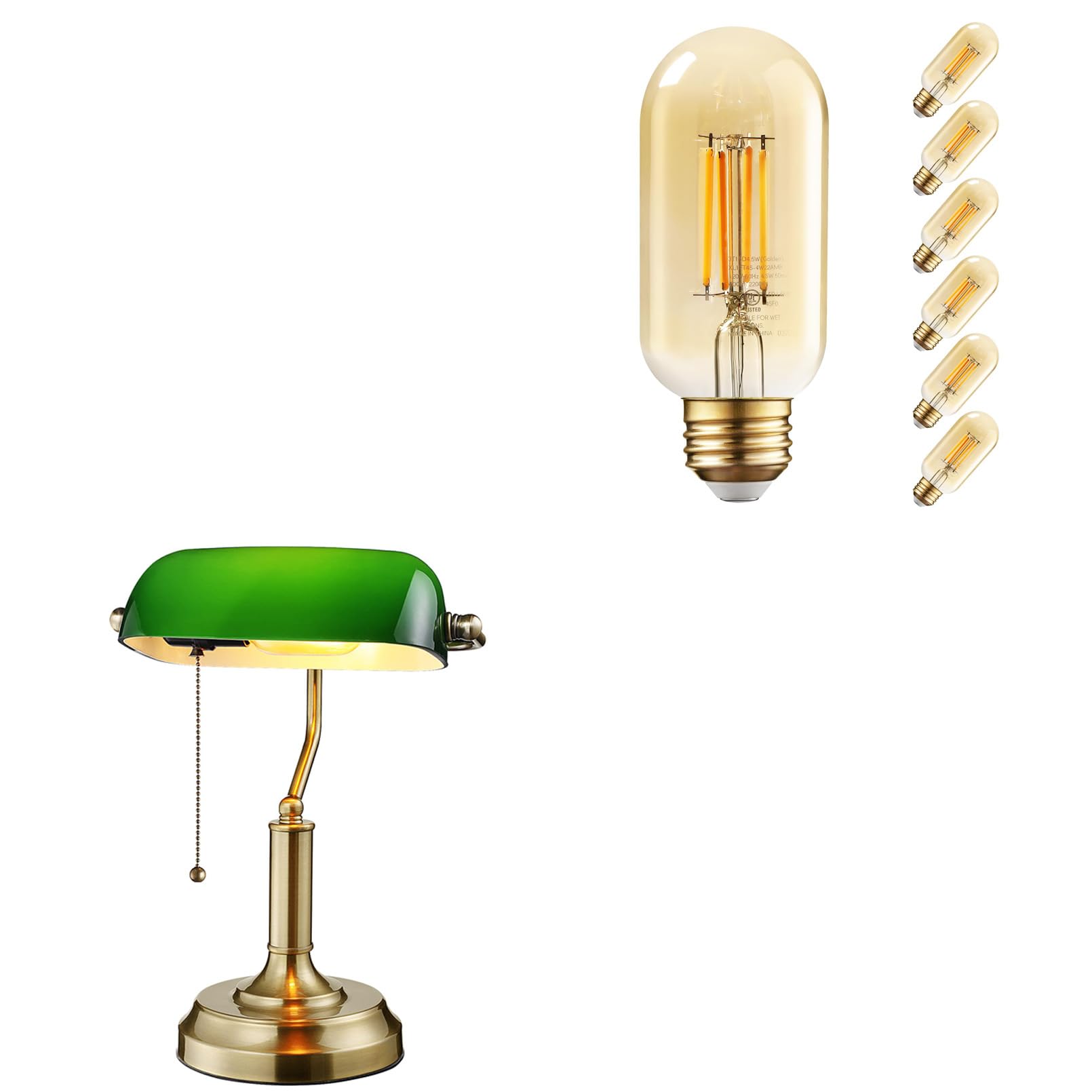 TORCHSTAR Green Glass Bankers Desk Lamp, UL Listed, E26 Base, Vintage Desk Lamp Bundle LED Tubular Light Bulb Dimmable, UL Listed, T45 Edison Bulb 4.5W, 2200K Soft White, E26 Base, Pack of 6