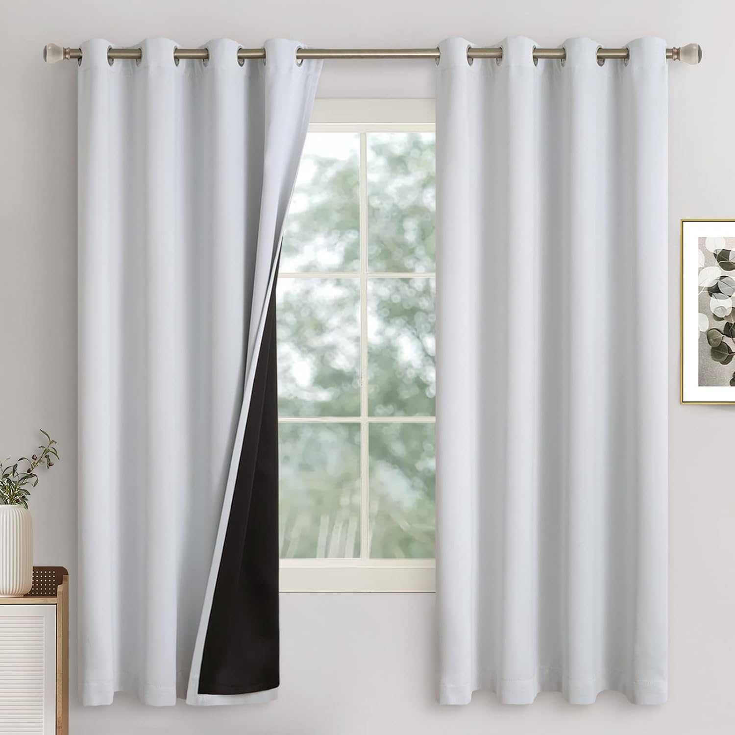 Greyish White Blackout Curtains for Bedroom 63 Inch Length 2 Panels, Thermal Insulated 100% Light Blocking Soundproof Grommet Window Curtains for Living Room with Liner, Each 52 Inch Wide 52"W x 63"L (Pack of 2) Greyish White