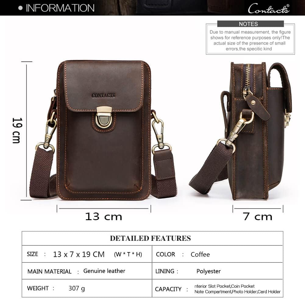 Hiram Men's Leather Phone Bag for iPhone SE, Men's Crossbody Bag, Small Shoulder Bag - Coffee - Image 3