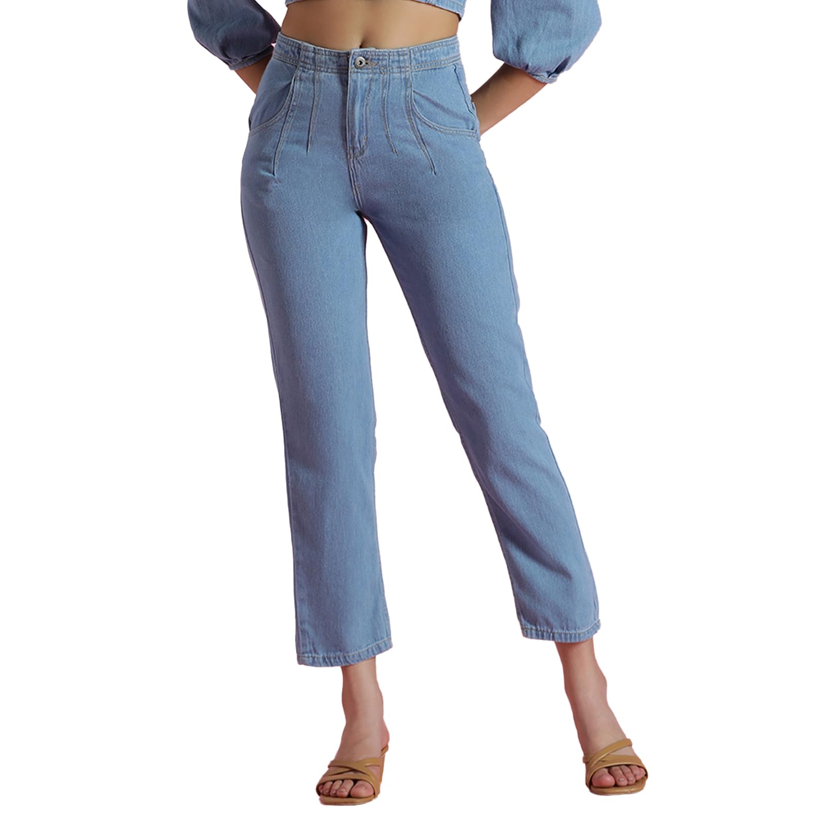 Women’s Light Blue Straight Fit Jeans | Ankle-Length Solid Denim Pants with Button Closure | Casual Slim Fit Wear for Woman-image-10