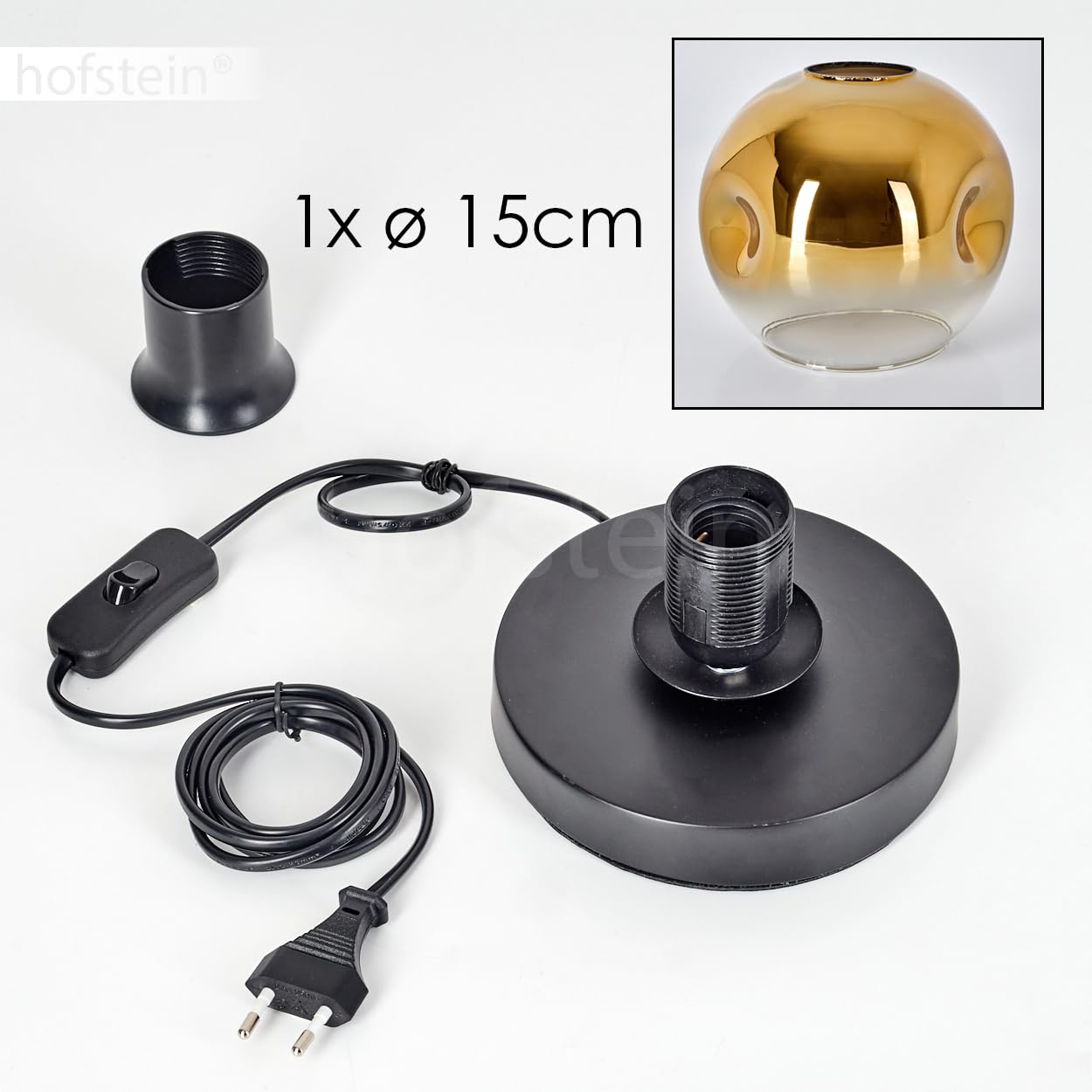 Lampe de table Ripoll, lampe de table en métal/verre en noir/or/transparent, lampe au design rétro moderne / vintage avec abat-jour en verre (diamètre 15 cm) et interrupteur marche/arrêt sur le câble,