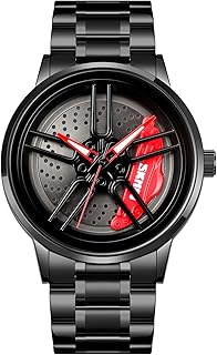 New Car Wheel Watch with Rolling Creative Fashion Analog Watch, Black Dial Zink Alloy Case Men's Watch, Stainless Steel Black Color Band, Quartz Movement, Water & Scratch-Resistant-1990
