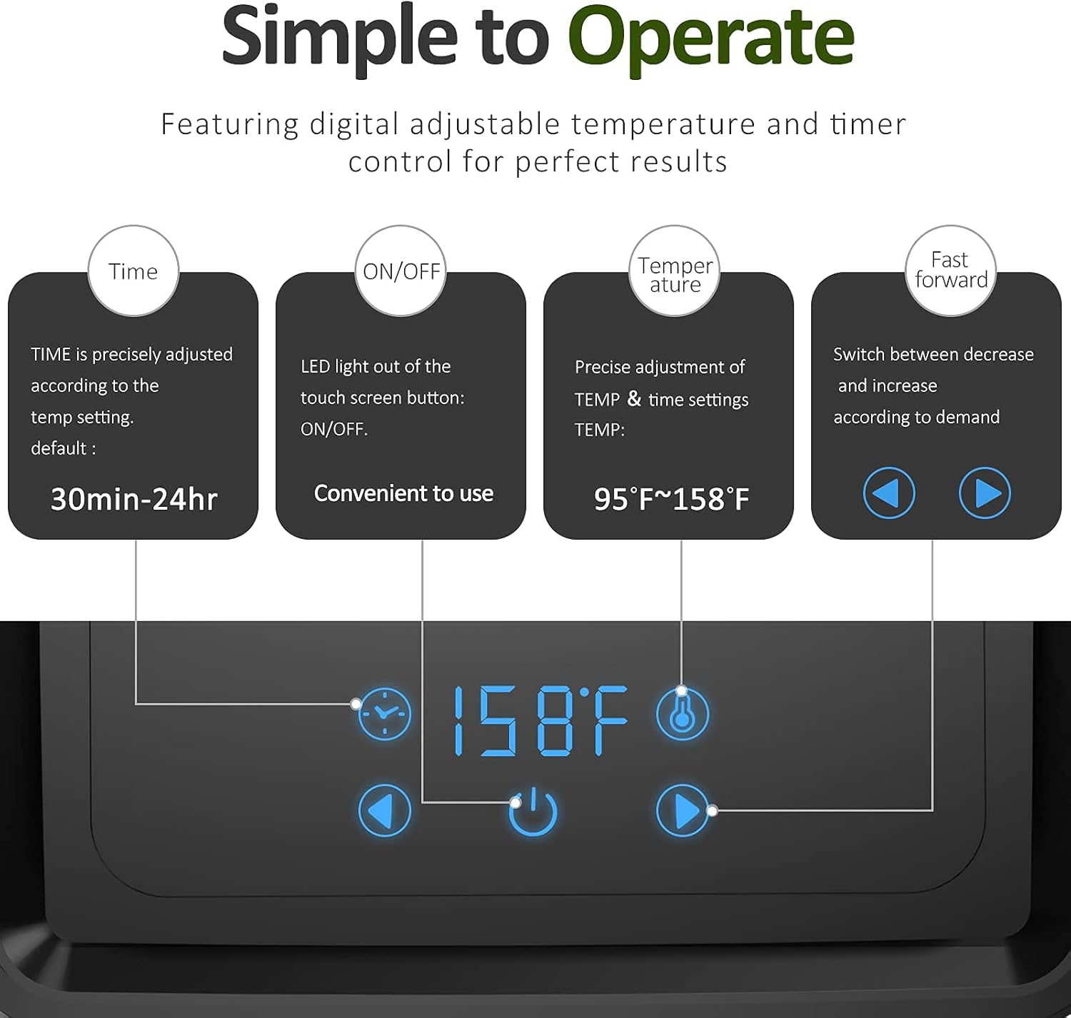 Detailed view of the VERESIX Food Dehydrator's LED touch control panel.