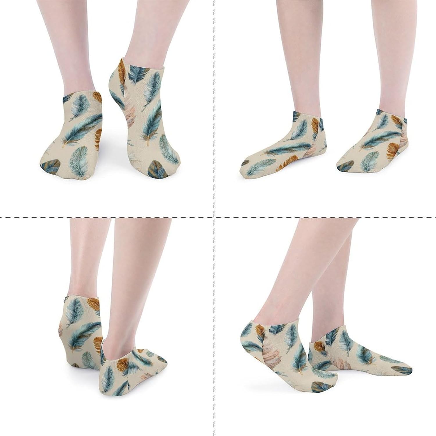 Boho Feathers No Show Ankle Socks Low Cut Non Slip Flat Boat Line 5 Pairs Set