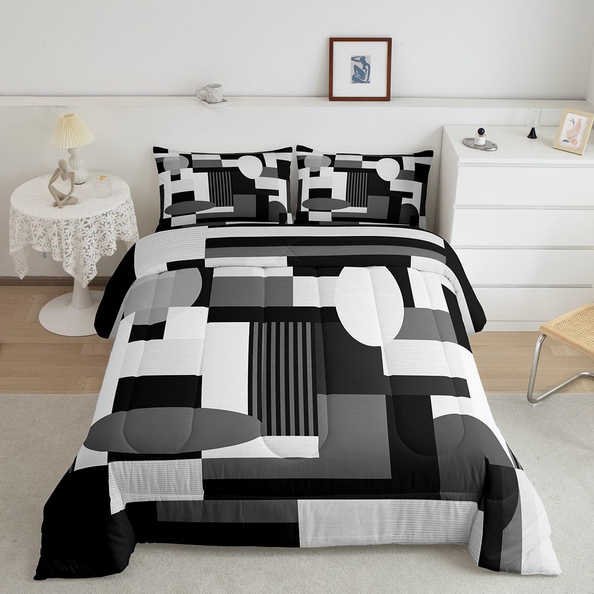 Feelyou Geometric Comforter Set Full Size Black White Gray Comforter for Boys Girls Teens Rectangle Square Bedding Set Modern Abstract Art Duvet Set