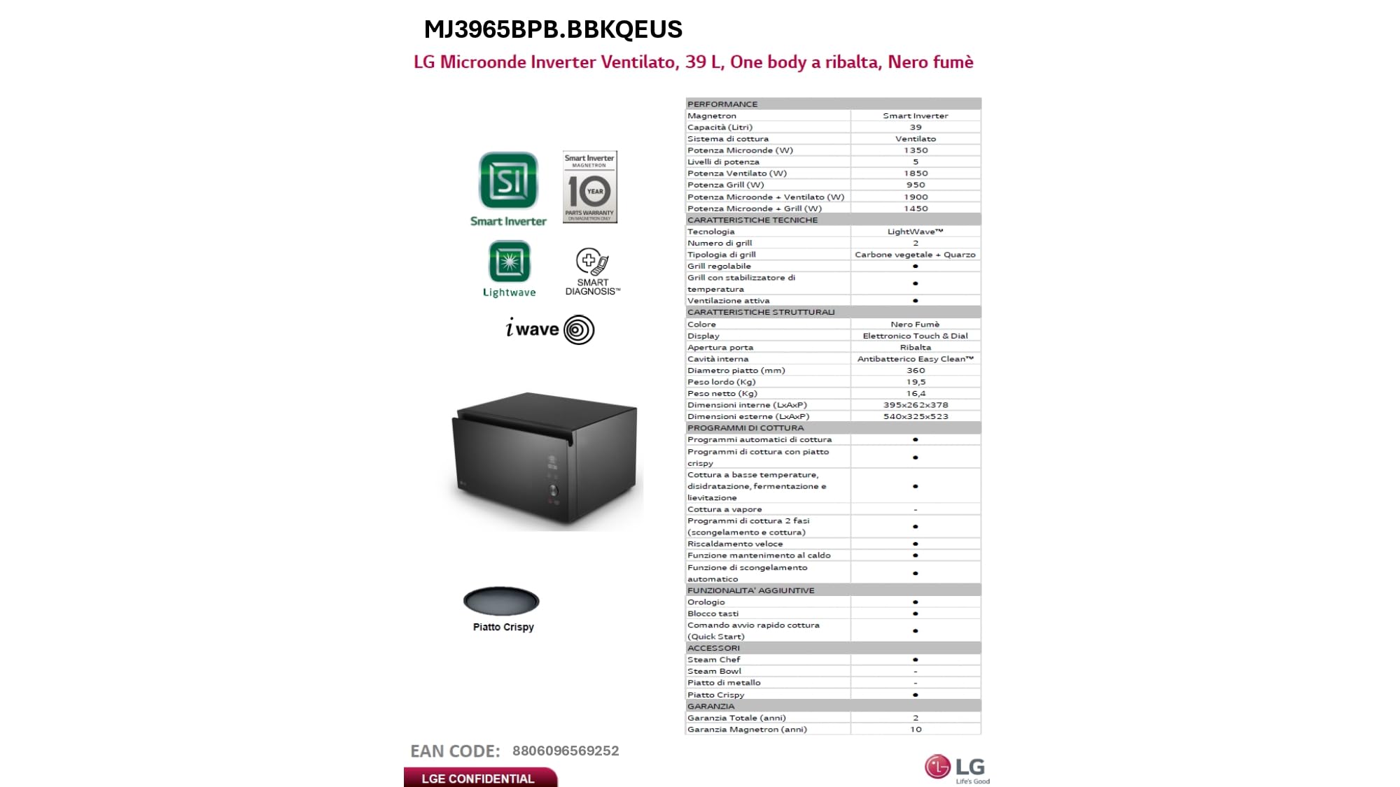 LG MJ3965BPB NeoChef Forno a Microonde Combinato con Grill 39 Litri, Potenza 1100W, Frittura Leggera, Fermentazione e Cottura a Vapore, Sistema con Infrarossi per Riscaldamento Uniforme, Nero Fumè