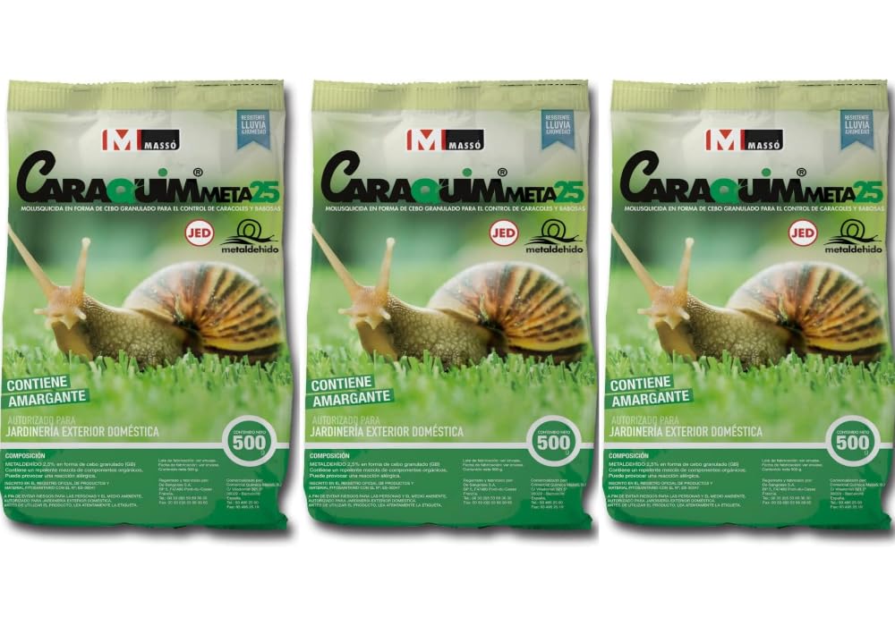 Peyca Pack 3 Unidades Caraquim META25 500g. Cebo de Larga duracion para el Control de Caracoles y babosas. Contiene amargante. Granulado.